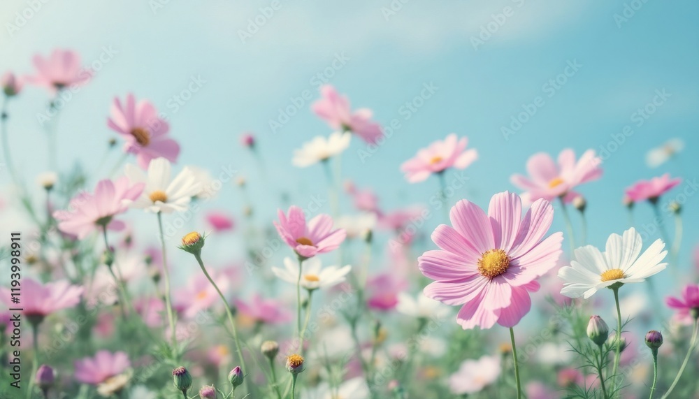 Delicate Pink and White Cosmos Blossoms Against a Light Blue Sky Delicate Pink and White Cosmos Blossoms Against a Light Blue Sky