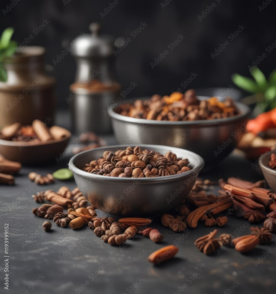 a bowl of aromatic spices including cloves, allspice, and nutmeg on a metal table in the kitchen, fragrant, holiday spices a bowl of aromatic spices including cloves, allspice, and nutmeg on a metal table in the kitchen, fragrant, holiday spices