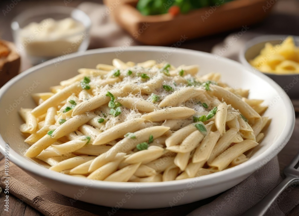 A bowl of creamy alfredo sauce and cooked penne pasta with a sprinkle of parmesan cheese , parmesan, flavor A bowl of creamy alfredo sauce and cooked penne pasta with a sprinkle of parmesan cheese , parmesan, flavor