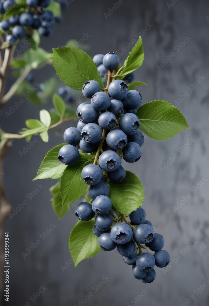 A branch heavy with clusters of juicy blueberries, bushy growth, blueberry bush, fruit laden A branch heavy with clusters of juicy blueberries, bushy growth, blueberry bush, fruit laden