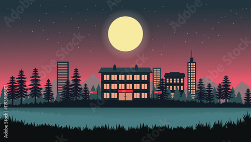 Hotel Apartment Building Landscape with Cityscape and Full Moon in the Evening