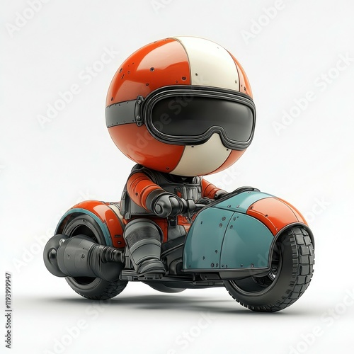 A whimsical 3D rendering of a cute robot character riding a retro-styled motorcycle, perfect for children's books or playful illustrations. photo