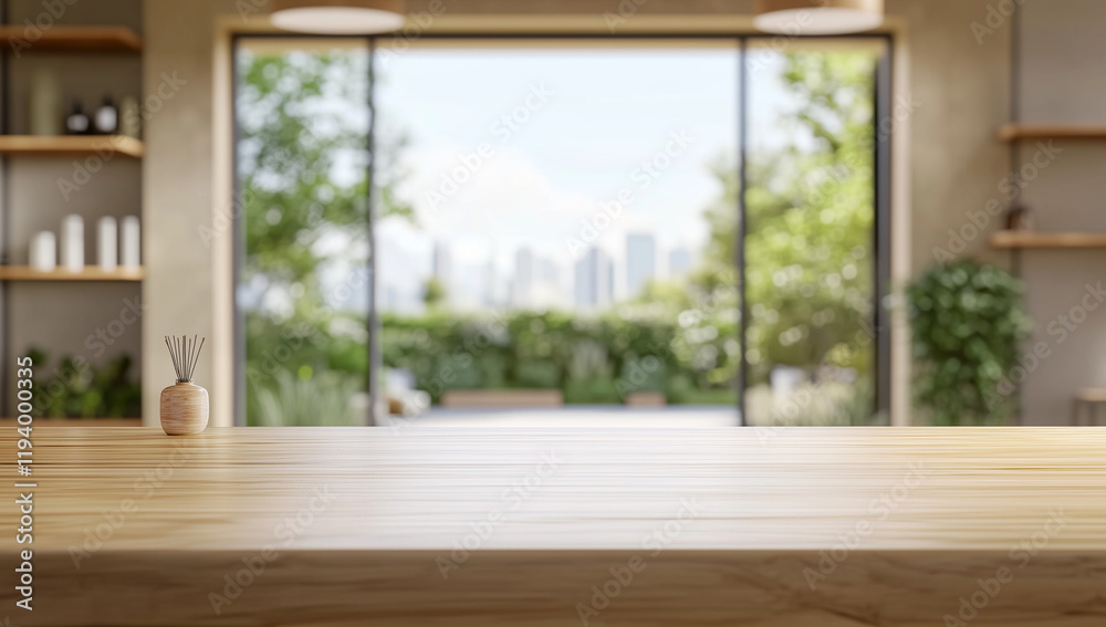 Fototapeta premium Inviting Modern Living Space with Lush Greenery and Sunlit Views Invoking Calmness 