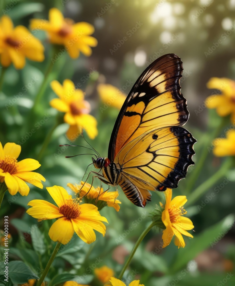 A butterfly sipping nectar from a yellow flower in a garden, nature, yellow flower, flower A butterfly sipping nectar from a yellow flower in a garden, nature, yellow flower, flower