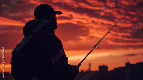 A silhouette of a person fishing against a vibrant sunset sky.