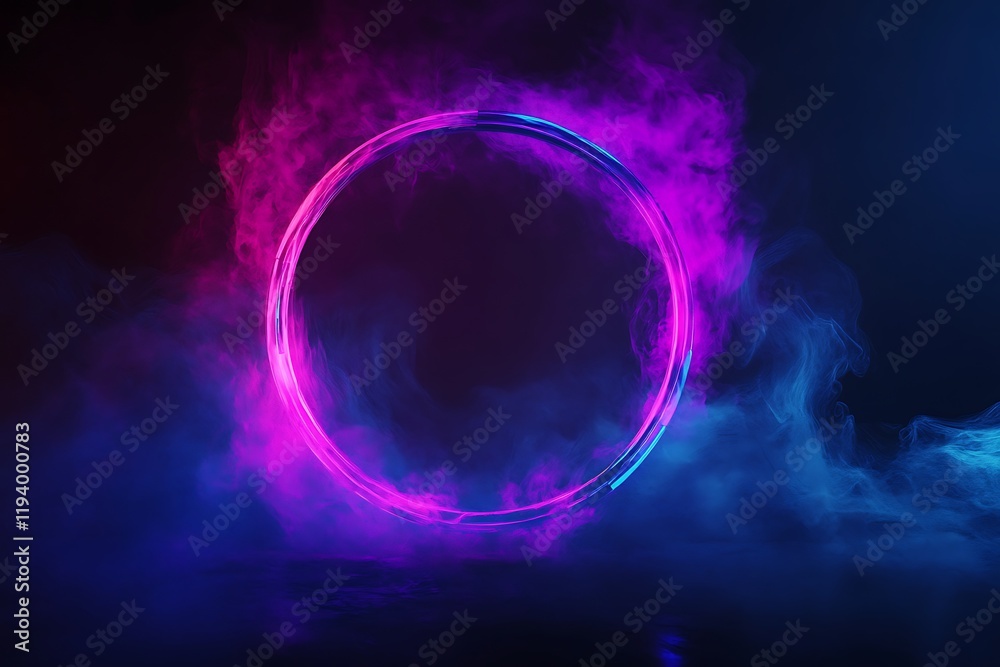 Obraz premium Round neon frame on a dark background with smoke