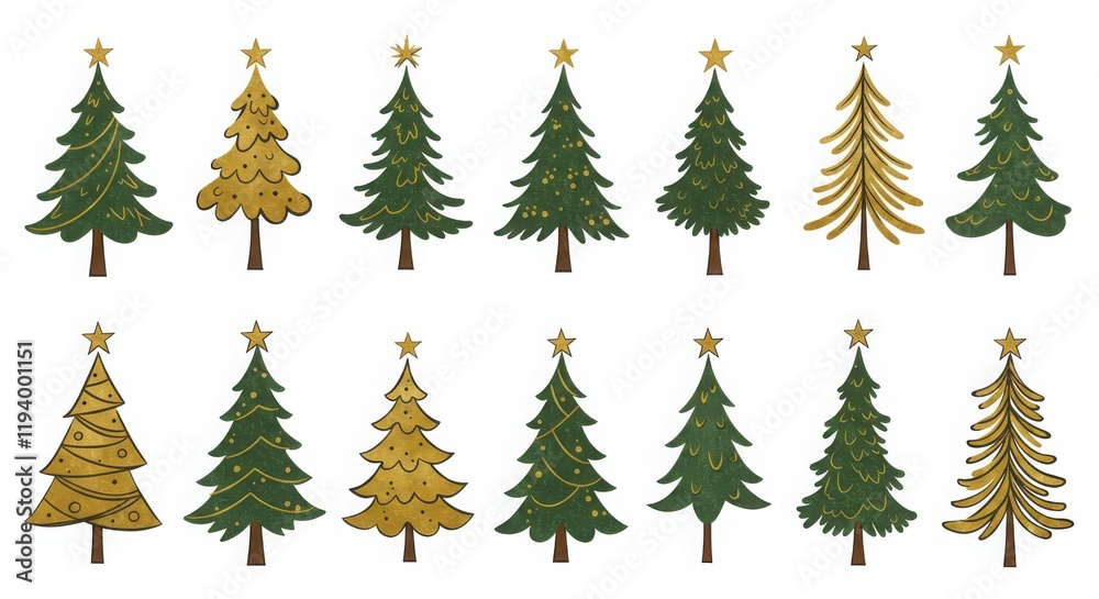 Obraz premium Minimalist Christmas tree illustrations, abstract geometric shapes, festive holiday designs, hand-drawn sketches