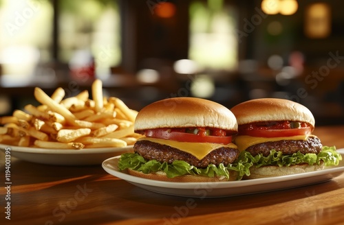 Restaurant cheeseburgers fries lunch wood table photo