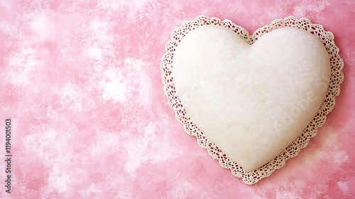 Delicate Lace Trimmed Heart Shaped Pillow on Pink Background