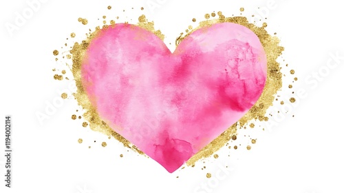 Pink Watercolor Heart With Gold Glitter Accents