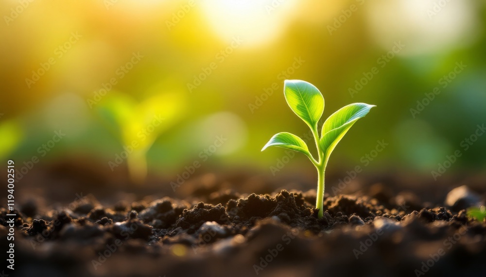 Fresh sprout emerging from fertile soil at sunrise Fresh sprout emerging from fertile soil at sunrise