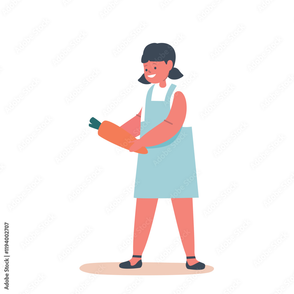 Smiling Child Proudly Holding Freshly Harvested Carrot From The Garden. Little Girl Character Isolated On White Smiling Child Proudly Holding Freshly Harvested Carrot From The Garden. Little Girl Character Isolated On White