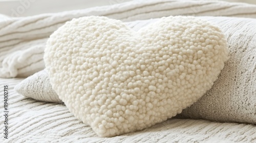 Heart Shaped Fluffy White Knit Pillow On Bed photo