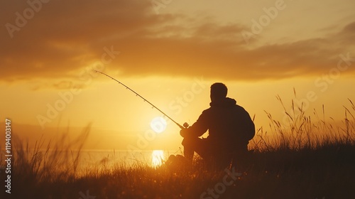 A silhouette of a person fishing at sunset, surrounded by grass and calm waters.