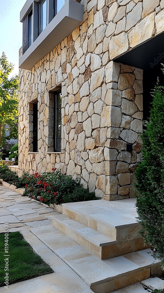 Fototapeta premium Stone walkway in the garden of a house with a stone wall