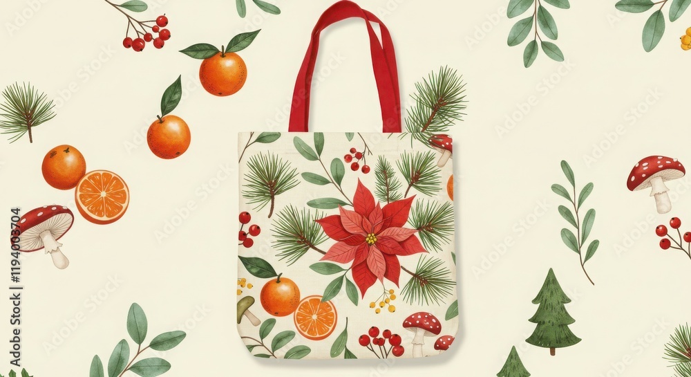 custom made wallpaper toronto digitalHoliday-themed tote bag, festive botanical illustration, Christmas greenery, pine branches, poinsettia flower, orange fruit, red berries