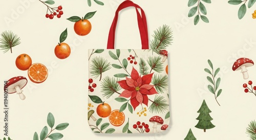 Wallpaper Mural Holiday-themed tote bag, festive botanical illustration, Christmas greenery, pine branches, poinsettia flower, orange fruit, red berries Torontodigital.ca