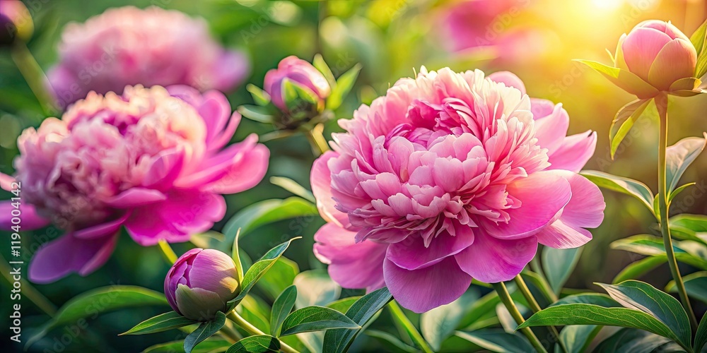 Fototapeta premium Pink Peony Closeup Summer Bloom Photography - Lush Green Leaves Background