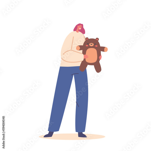 Woman Holds A Teddy Bear Toy, Female Character Face Radiating Joy And Comfort, Creating A Heartwarming Scene