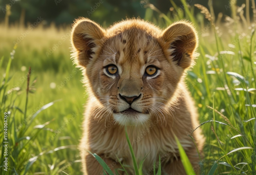 Fototapeta premium A little lion cub with soft paws and a twitching nose sniffing around in the tall grass, nature, wild