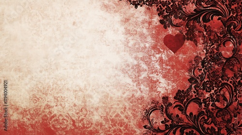 Red grunge background with floral damask and heart