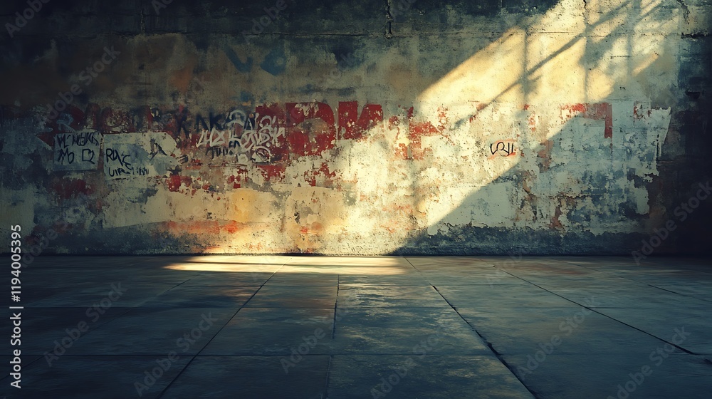 A distressed concrete wall featuring fragmented graffiti text and images, faded with time, paired with a polished floor, illuminated by soft ambient light for an artistic urban backdrop, hd quality, A distressed concrete wall featuring fragmented graffiti text and images, faded with time, paired with a polished floor, illuminated by soft ambient light for an artistic urban backdrop, hd quality,