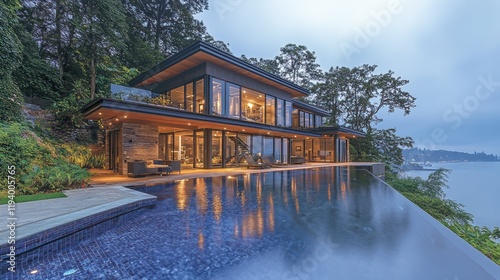 Modern house with infinity pool overlooking ocean view at twilight.