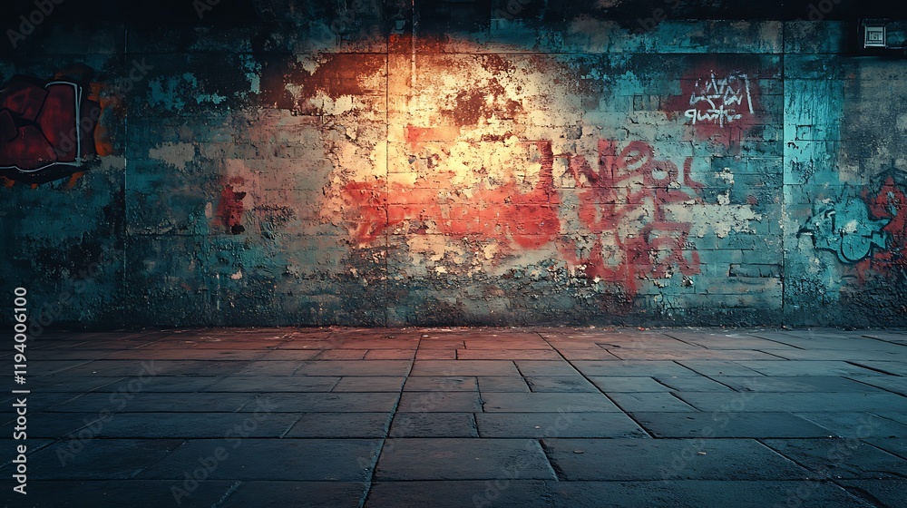 A faded graffiti wall with large text remnants on a weathered concrete surface, paired with a lightly stained concrete floor, illuminated with soft gradient lighting for a bold urban feel, hd quality, A faded graffiti wall with large text remnants on a weathered concrete surface, paired with a lightly stained concrete floor, illuminated with soft gradient lighting for a bold urban feel, hd quality,