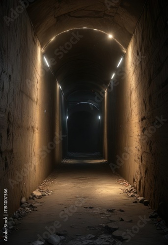 A narrow, dark tunnel with walls that seem to absorb and then re-emit a soft, pulsing light, leading to a distant, radiant glow, eerie, dark, pulsing