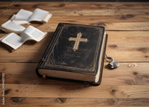 A partially opened bible on a wooden table with pages facing upwards, reading material, table, scripture