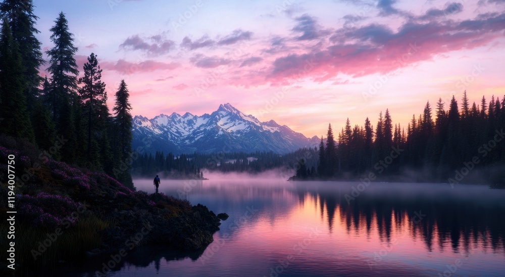 Serene Mountain Lake at Dusk with Vibrant Colors and Reflection Serene Mountain Lake at Dusk with Vibrant Colors and Reflection