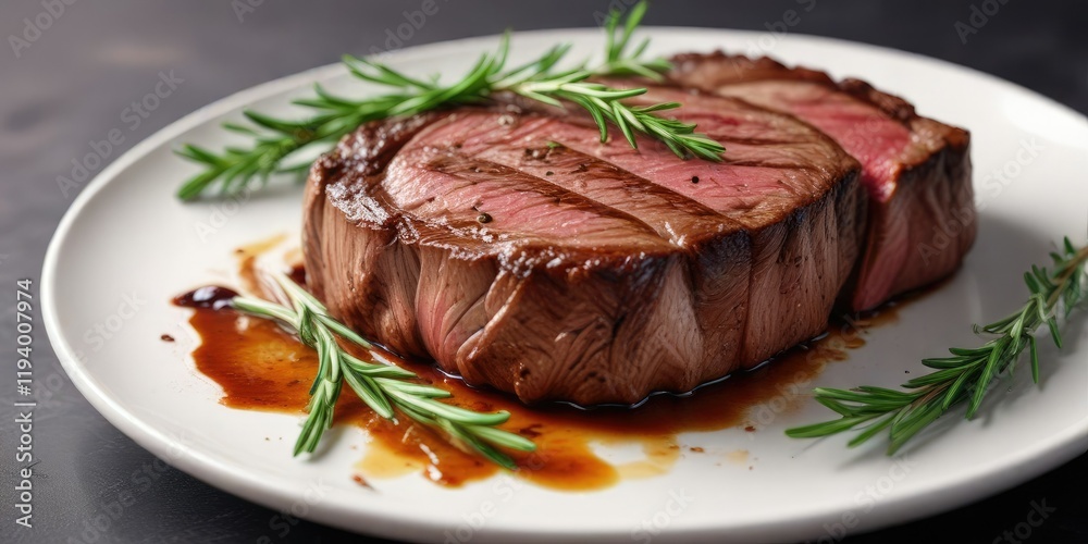 A perfectly seared steak with a fragrant sprig of rosemary on top, gourmet presentation, dinner plate, roasted to perfection A perfectly seared steak with a fragrant sprig of rosemary on top, gourmet presentation, dinner plate, roasted to perfection
