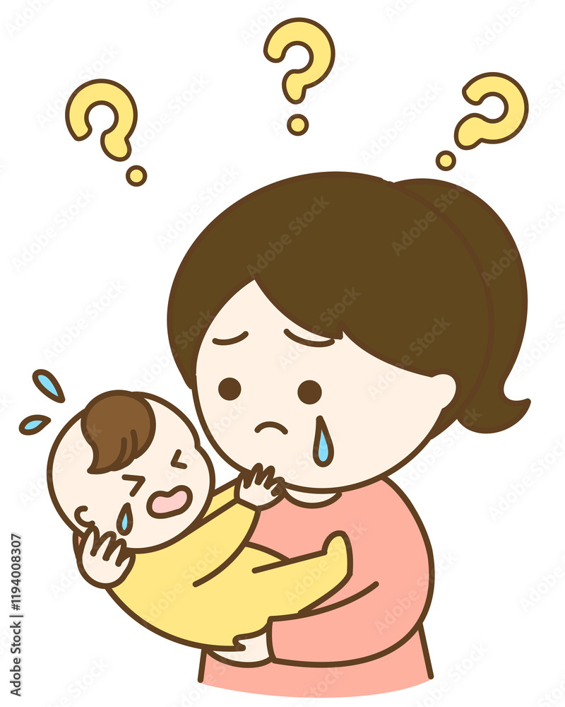 はてなと泣くポニーテールのお母さんと赤ちゃんのゆるかわイラスト はてなと泣くポニーテールのお母さんと赤ちゃんのゆるかわイラスト