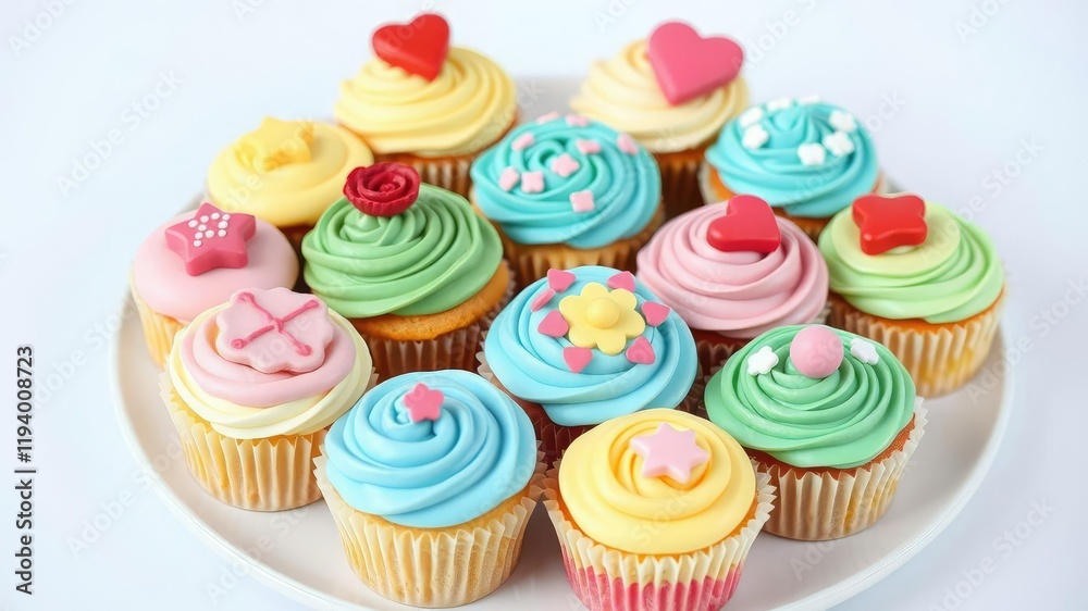 A plate of colorful cupcakes with different shapes and sizes topped with matching icing designs, party food, cake art A plate of colorful cupcakes with different shapes and sizes topped with matching icing designs, party food, cake art