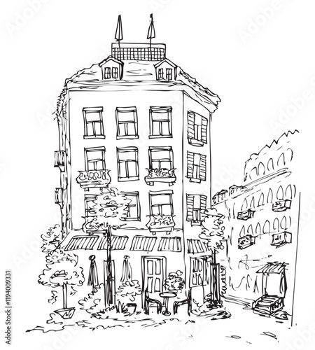 Cafe Building at Urban Street Scene with Detailed Architecture, simple vector sketch illustration