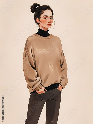 A woman standing in a neutral pose wearing a loose. oversized sweater and dark pants