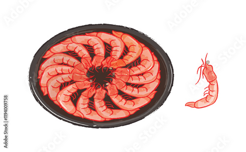 Cooked iced shrimps on a black plate