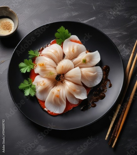 A raw Geoduck sashimi served on a black plate with a hint of sesame seeds and soy sauce drizzle , seafood appetizer, modern cuisine, chef's creation photo