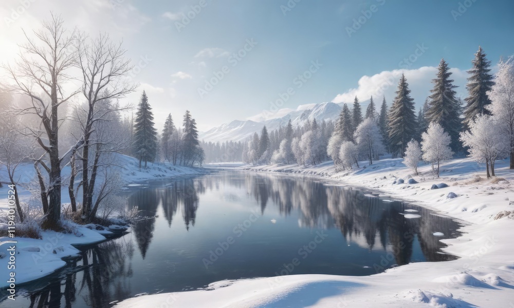 Obraz premium A snowy landscape with a frozen lake in the background, snow-covered trees and a serene sky, frosty scenery, winter wonderland