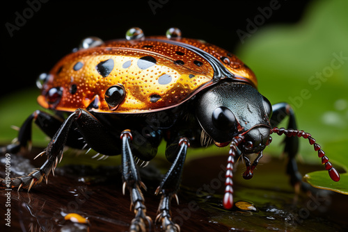 Macro Shot of a Golden-Spotted Beetle with Dew Drops. A close-up, macro photograph of a beetle with a striking golden and brown spotted carapace. photo