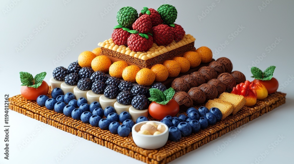 Pyramid of assorted fruits, chocolates, and pastries on a cracker base. Pyramid of assorted fruits, chocolates, and pastries on a cracker base.
