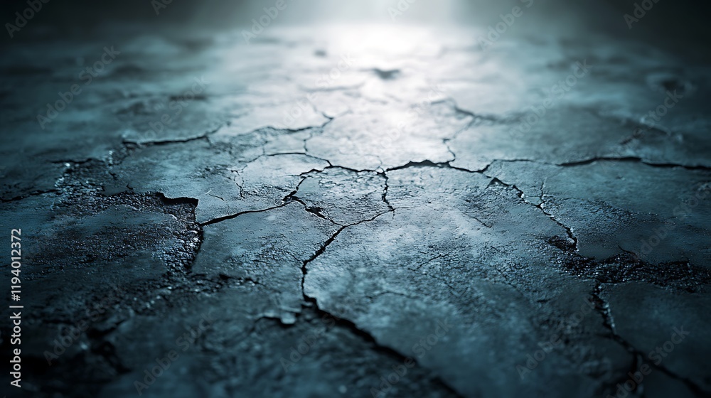 Obraz premium A raw industrial concrete surface featuring organic cracks and weathered crevices, paired with a cracked floor, softly illuminated by gradient lighting for a bold and edgy product display, hd quality,