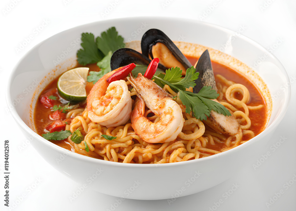 Golden-yellow instant noodles float in a rich, spicy red tom yum broth. background is on isolated white, Cut out Golden-yellow instant noodles float in a rich, spicy red tom yum broth. background is on isolated white, Cut out