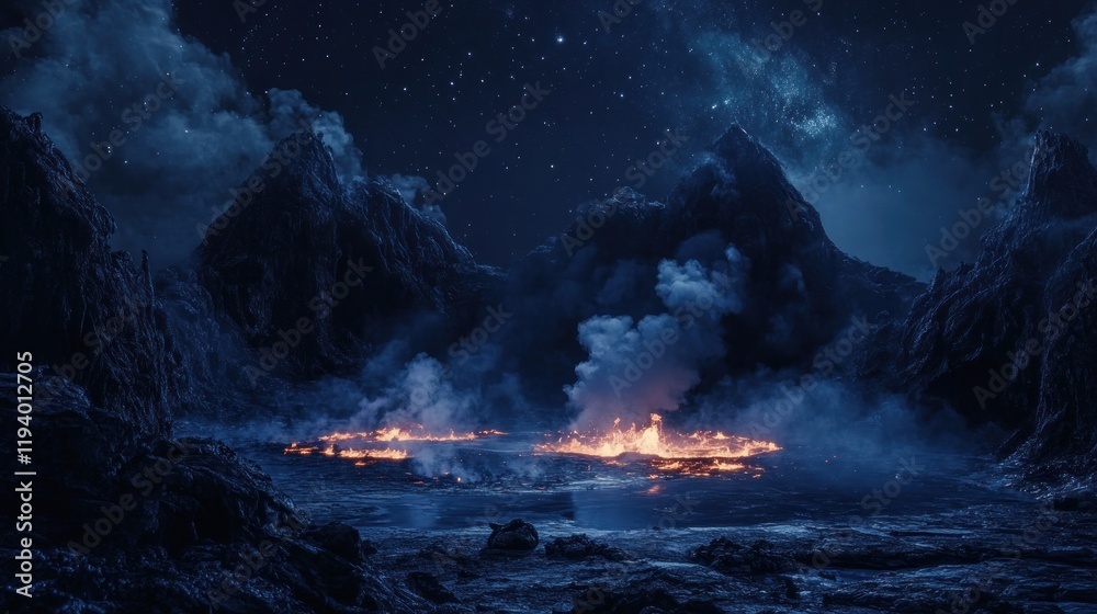 Volcanic eruption night landscape, fiery valley, mountains, stars, game background Volcanic eruption night landscape, fiery valley, mountains, stars, game background