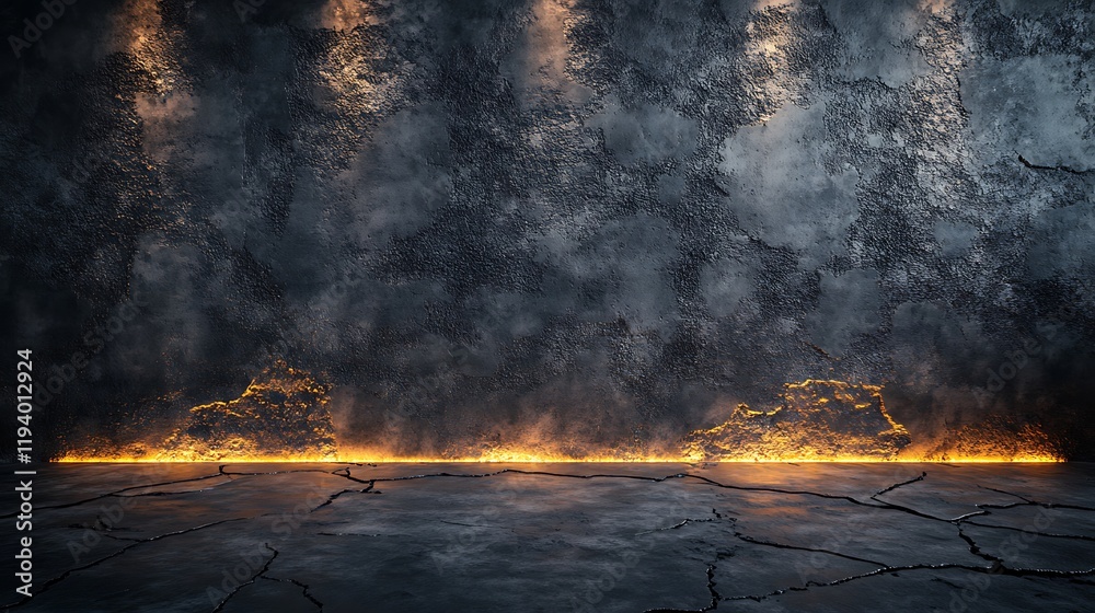 Obraz premium A rugged charcoal-toned concrete wall with deep grooves and natural wear, paired with a cracked floor, illuminated with warm ambient lighting for a raw and industrial product display, hd quality,