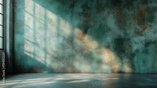 A rugged concrete surface featuring organic stains and a subtle green patina, paired with a matte floor, illuminated with diffused lighting to create depth and texture for product display, hd quality,