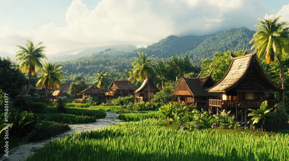 Tropical village riverside, mountain backdrop, idyllic setting, tourism