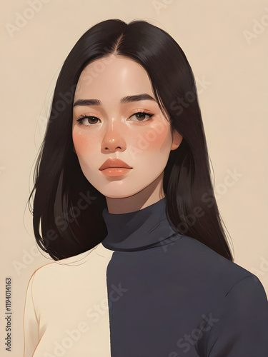 A portrait of a young woman with long black hair. wearing a black and white turtleneck