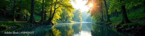 Wallpaper Mural Sunlight filters through towering trees along a peaceful river, trees, forest, clear blue sky Torontodigital.ca