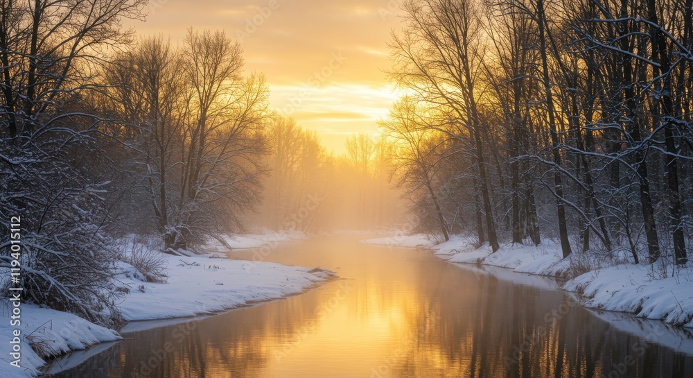 Winter forest landscape, snowy river, golden sunset, bare trees, reflective water, cold atmosphere, serene nature, frosty scenery Winter forest landscape, snowy river, golden sunset, bare trees, reflective water, cold atmosphere, serene nature, frosty scenery